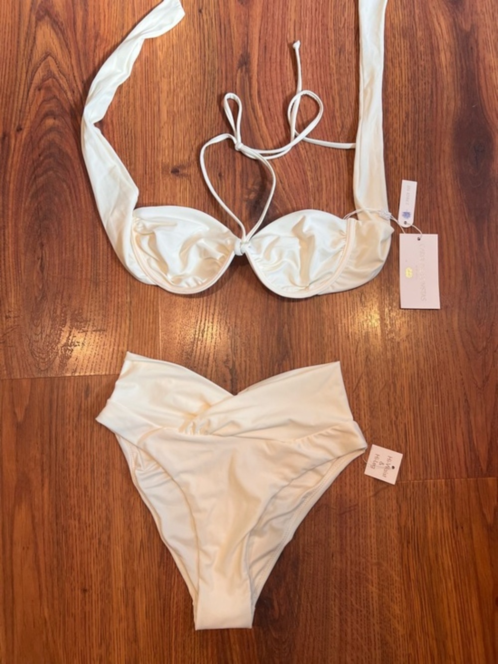 Caroline Constas Ivory Bikini Set NWT High Waist Ruched Bottom Underwire Top